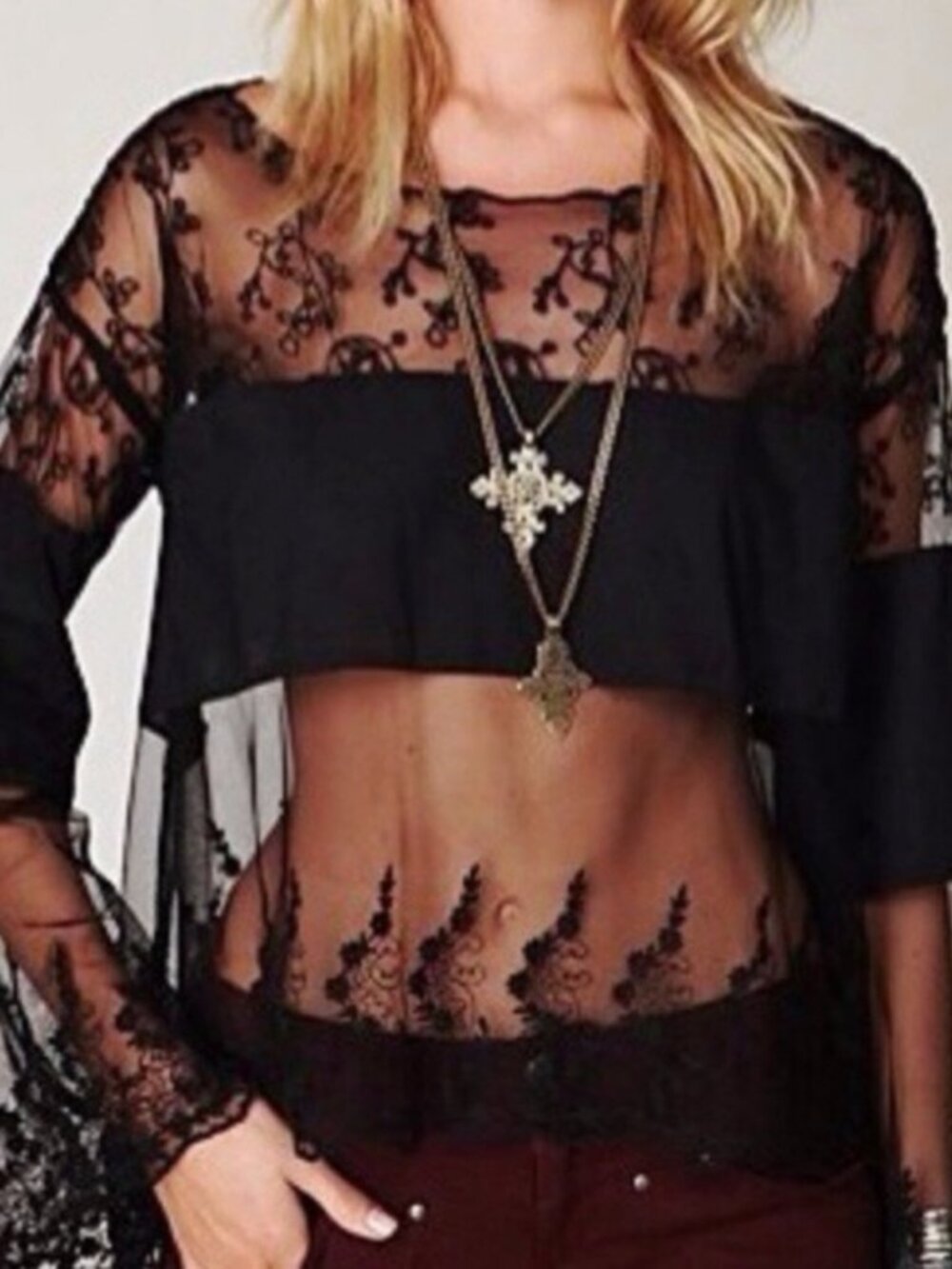 Free People Black Floral Lace Mesh Long Bell Sleeve Top
